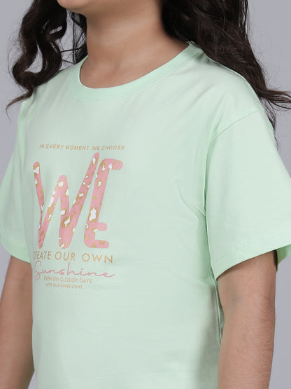 Girls Printed Green Round Neck Half Sleeves Casual T-Shirt