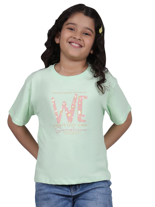 Girls Printed Green Round Neck Half Sleeves Casual T-Shirt