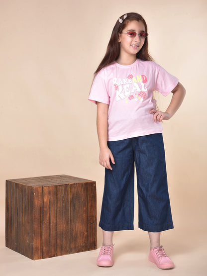 Casual T-Shirt for Girls | Breathable & Soft with Color Fastness Regular Fit Round Neck Poly Cotton Fabric Printed Pattern