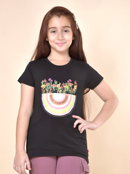 Casual T-Shirt for Girls | Breathable & Soft with Color Fastness Regular Fit Round Neck Cotton Blend Fabric Printed Pattern