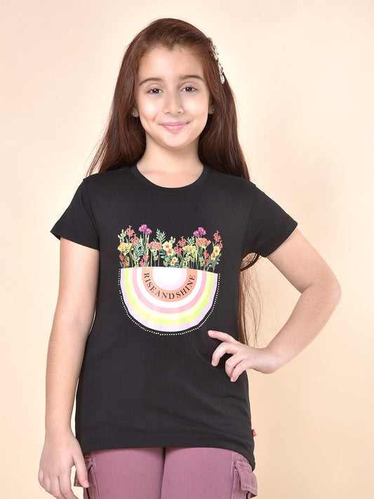 Casual T-Shirt for Girls | Breathable & Soft with Color Fastness Regular Fit Round Neck Cotton Blend Fabric Printed Pattern
