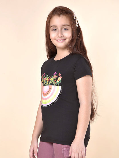 Casual T-Shirt for Girls | Breathable & Soft with Color Fastness Regular Fit Round Neck Cotton Blend Fabric Printed Pattern