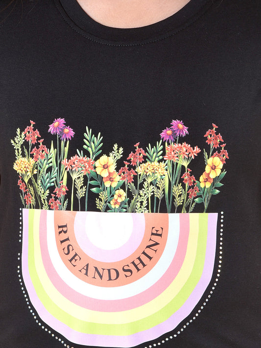 Casual T-Shirt for Girls | Breathable & Soft with Color Fastness Regular Fit Round Neck Cotton Blend Fabric Printed Pattern