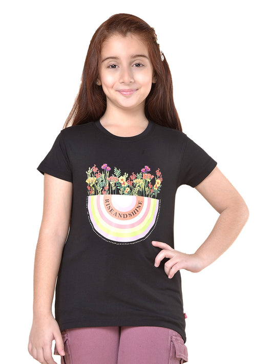 Casual T-Shirt for Girls | Breathable & Soft with Color Fastness Regular Fit Round Neck Cotton Blend Fabric Printed Pattern