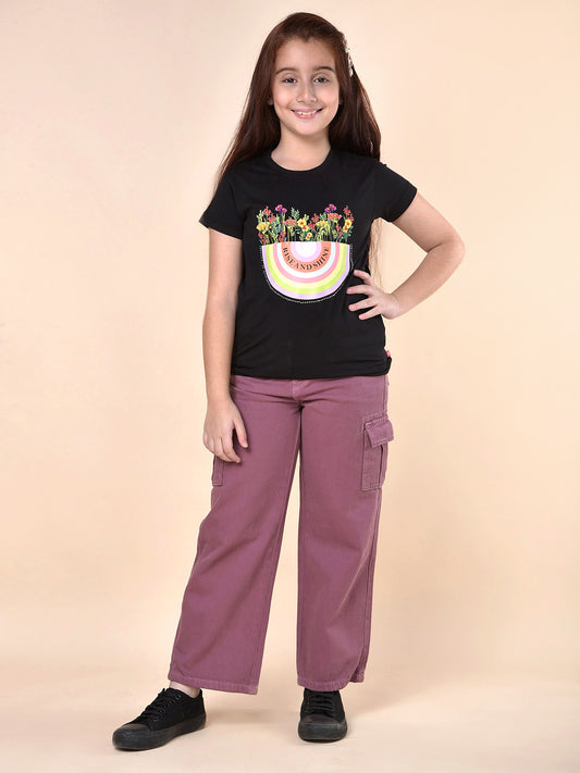 Casual T-Shirt for Girls | Breathable & Soft with Color Fastness Regular Fit Round Neck Cotton Blend Fabric Printed Pattern