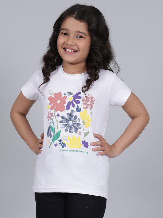 Girls Printed White Round Neck Half Sleeves Casual T-Shirt