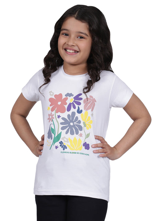 Girls Printed White Round Neck Half Sleeves Casual T-Shirt