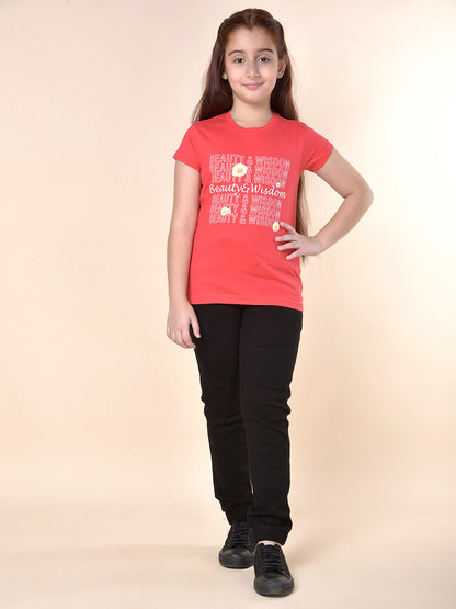 Casual T-Shirt for Girls | Breathable & Soft with Color Fastness Regular Fit Round Neck Poly Cotton Fabric Printed Pattern