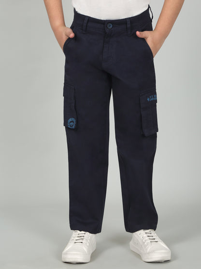 Navy Blue Full Length Solid Regular Fit Casual Cargo for Boys