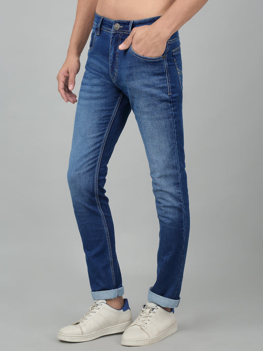 Denim Jeans for Men l Breathable & Soft with Color Fastness Ultra Narrow Fit Cotton Fabric Solid Pattern Button Closure