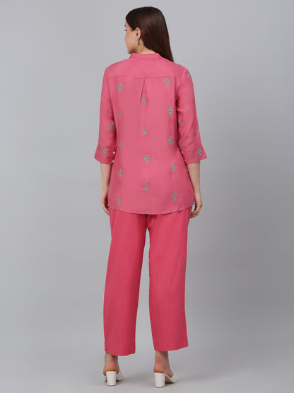 Women's Pink Embroidery Casual Co-Ord Set