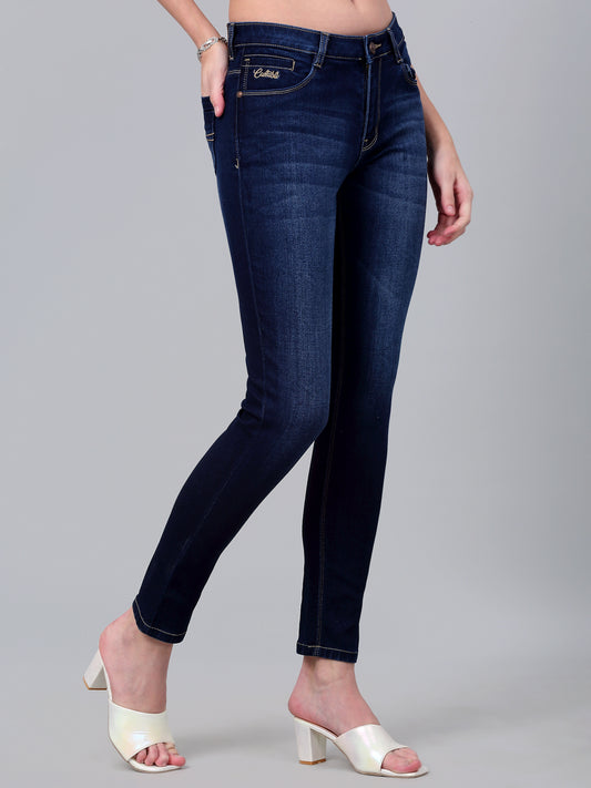 Women's Casual Skinny Fit Dark mercerised Blue Light Fade Mid rise Jeans