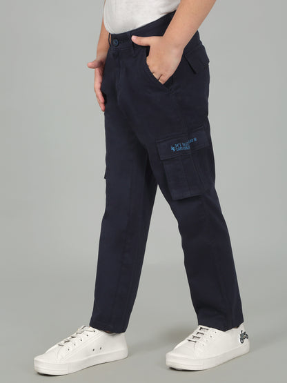Navy Blue Full Length Solid Regular Fit Casual Cargo for Boys