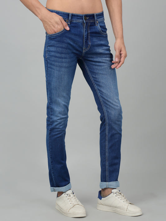 Denim Jeans for Men l Breathable & Soft with Color Fastness Ultra Narrow Fit Cotton Fabric Solid Pattern Button Closure