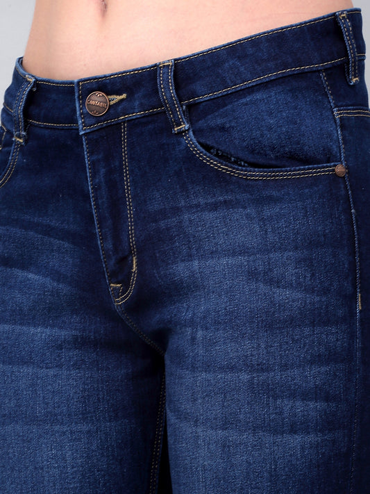 Women's Casual Skinny Fit Dark mercerised Blue Light Fade Mid rise Jeans