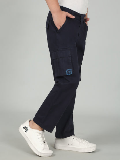 Navy Blue Full Length Solid Regular Fit Casual Cargo for Boys