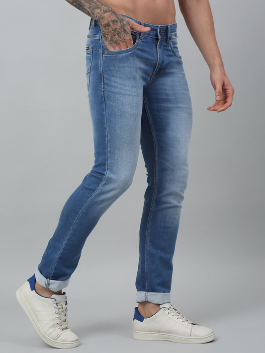 Denim Jeans for Men l Breathable & Soft with Color Fastness Ultra Narrow Fit Cotton Fabric Solid Pattern Button Closure