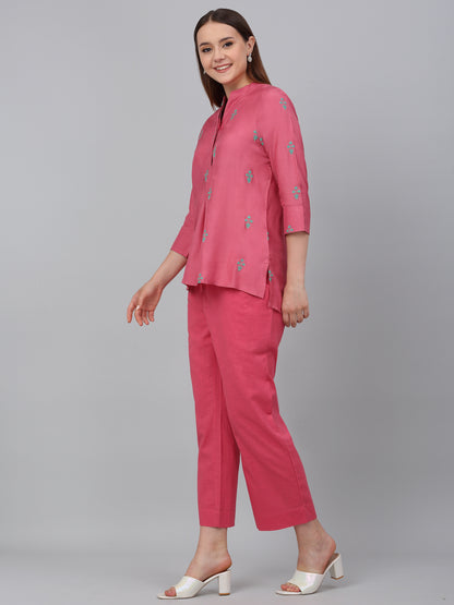 Women's Pink Embroidery Casual Co-Ord Set