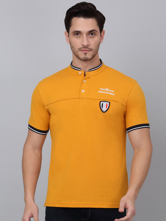 T-Shirt for Men | Breathable & Soft with Color Fastness Regular Fit Mandarin Collar Poly Cotton Fabric Solid Pattern