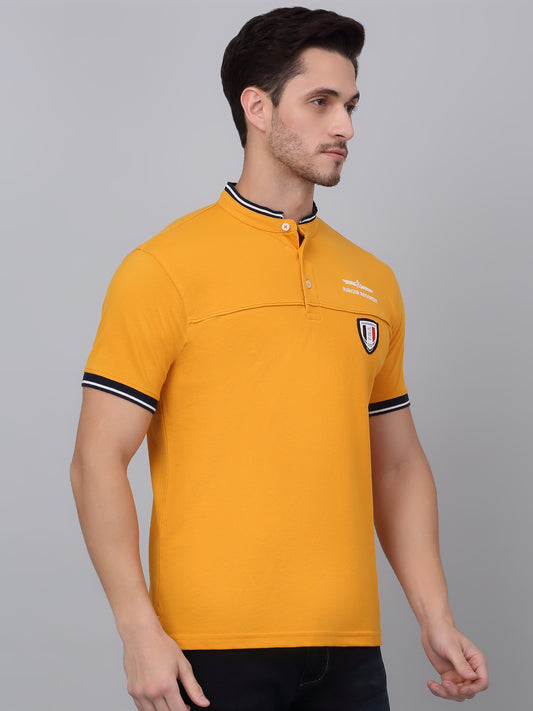 T-Shirt for Men | Breathable & Soft with Color Fastness Regular Fit Mandarin Collar Poly Cotton Fabric Solid Pattern