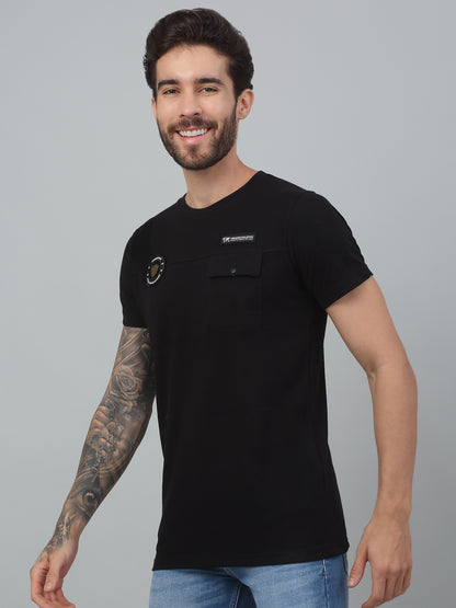 Men's Black  Round neck Half Sleeve T-Shirt with Chest pocket & appliques