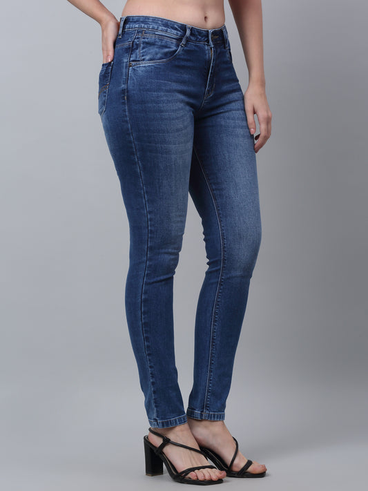 Women's Casual Skinny Fit Medium Mercerised Blue Medium Fade Mid rise Jeans