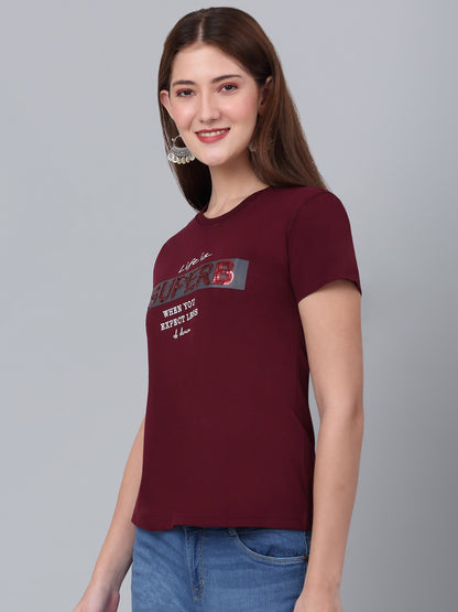 Women's Maroon Printed Short Sleeve T-shirt