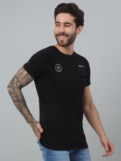 Men's Black  Round neck Half Sleeve T-Shirt with Chest pocket & appliques