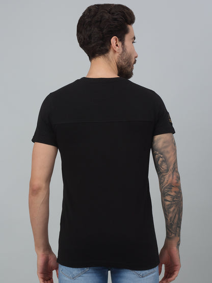 Men's Black  Round neck Half Sleeve T-Shirt with Chest pocket & appliques