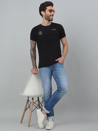 Men's Black  Round neck Half Sleeve T-Shirt with Chest pocket & appliques