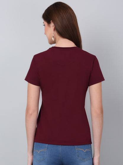 Women's Maroon Printed Short Sleeve T-shirt