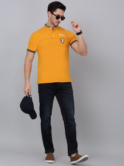 Men's Mustard Printed Mandarin Collar T-shirt