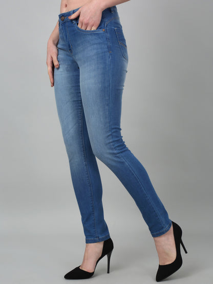 Women's Casual Skinny Fit Mercerised Blue Medium Fade Mid rise Jeans