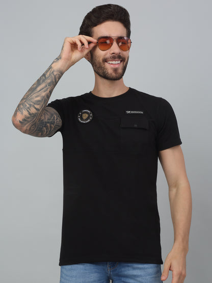 Men's Black  Round neck Half Sleeve T-Shirt with Chest pocket & appliques