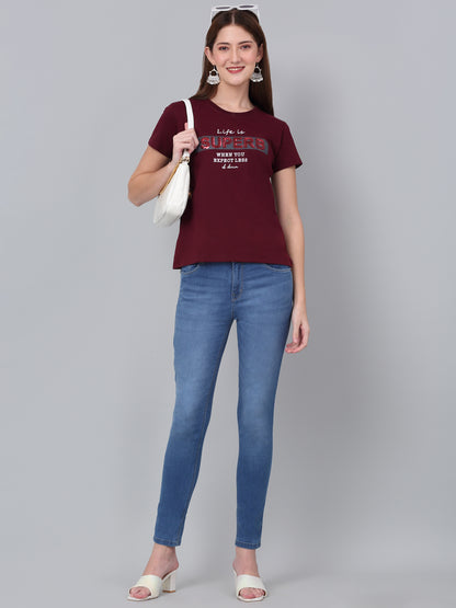 Women's Maroon Printed Short Sleeve T-shirt