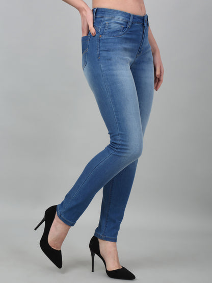 Women's Casual Skinny Fit Mercerised Blue Medium Fade Mid rise Jeans