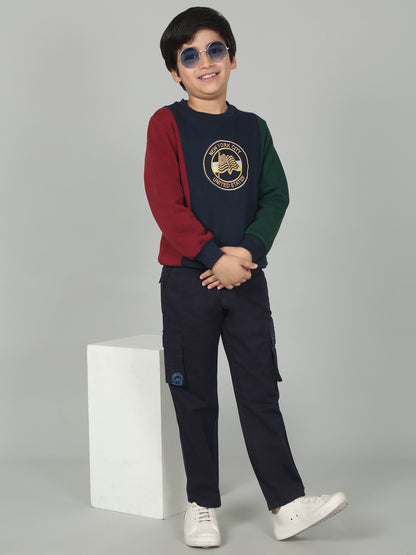 Boys Navy Blue Color Block Round Neck Full Sleeves Casual Sweatshirt