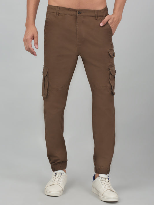 Men's Brown Solid Stretchable Cargo