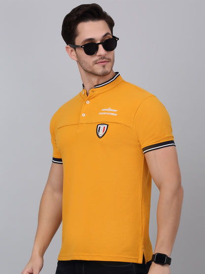 Men's Mustard Printed Mandarin Collar T-shirt