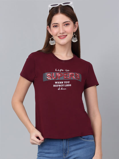 Women's Maroon Printed Short Sleeve T-shirt