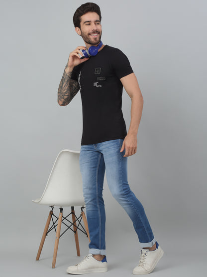 Men's Black  Round neck Half Sleeve T-Shirt with applique & print