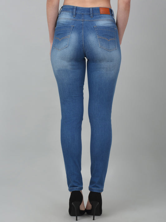 Women's Casual Skinny Fit Mercerised Blue Medium Fade Mid rise Jeans