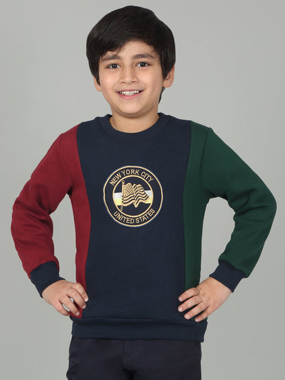 Boys Navy Blue Color Block Round Neck Full Sleeves Casual Sweatshirt