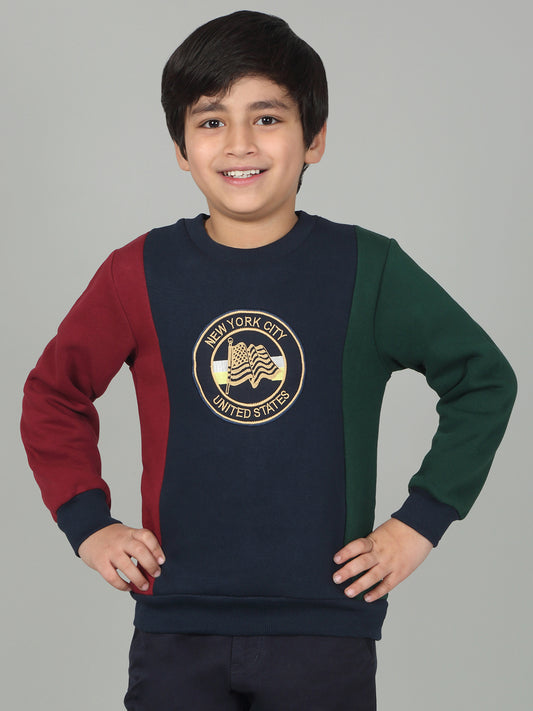 Boys Navy Blue Color Block Round Neck Full Sleeves Casual Sweatshirt