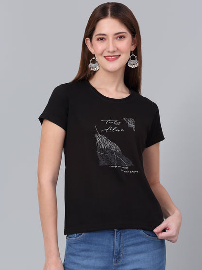 Women's Black Printed Short Sleeve T-shirt