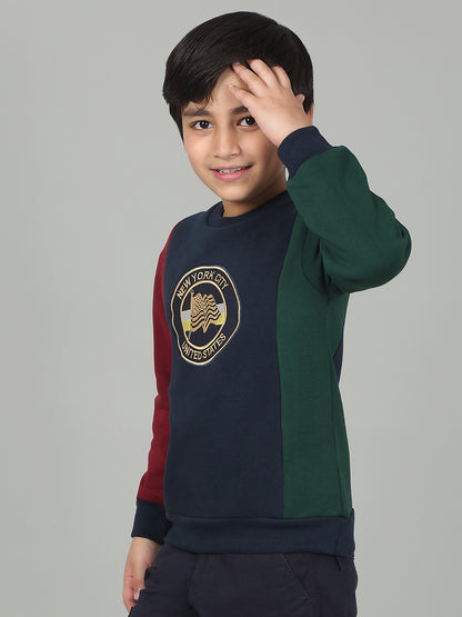 Boys Navy Blue Color Block Round Neck Full Sleeves Casual Sweatshirt