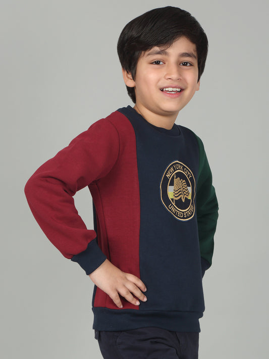 Boys Navy Blue Color Block Round Neck Full Sleeves Casual Sweatshirt
