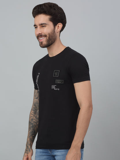 Men's Black  Round neck Half Sleeve T-Shirt with applique & print