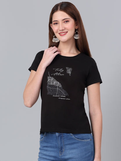 Women's Black Printed Short Sleeve T-shirt