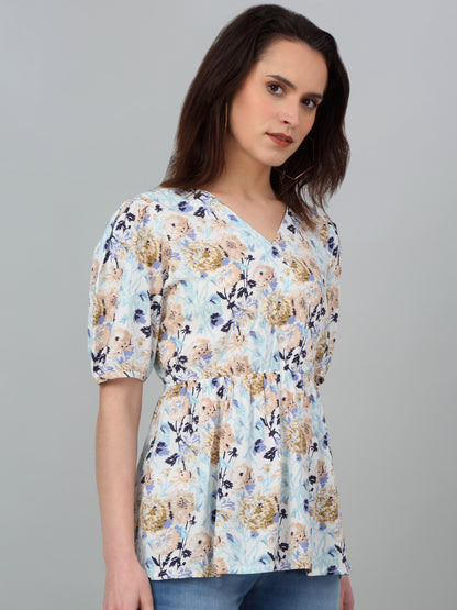 Women's Casual  Multi Colr Floral Print V neck Top